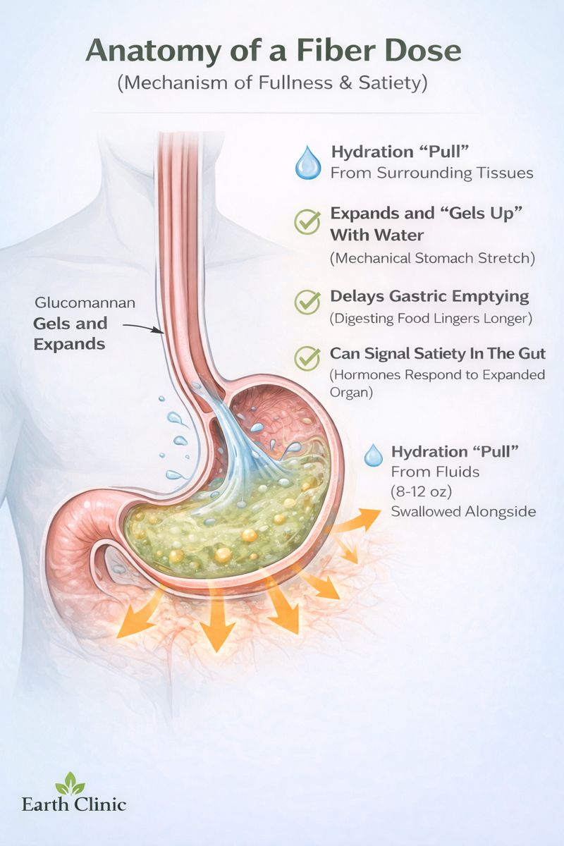 Anatomy of a fiber dose showing glucomannan expanding into a gel in the stomach and pulling hydration from surrounding tissues