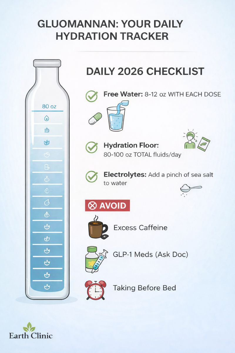 Daily hydration tracker for glucomannan: free water with each dose, hydration floor, electrolytes, and avoid caffeine, GLP-1 meds, and taking before bed