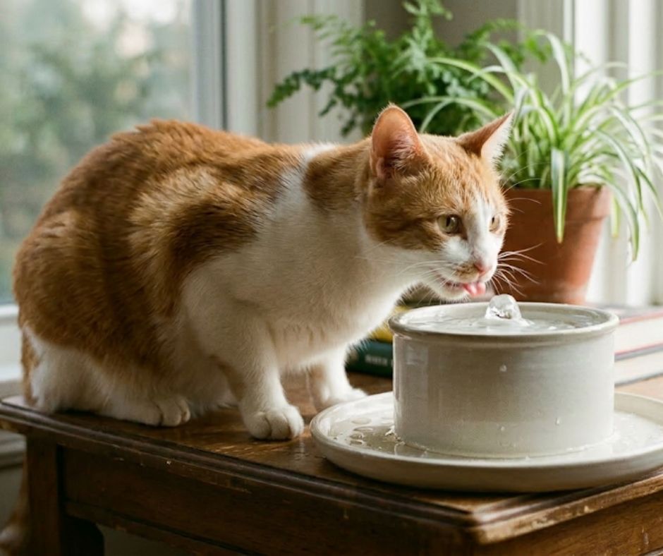 Cat drinking from fountain.